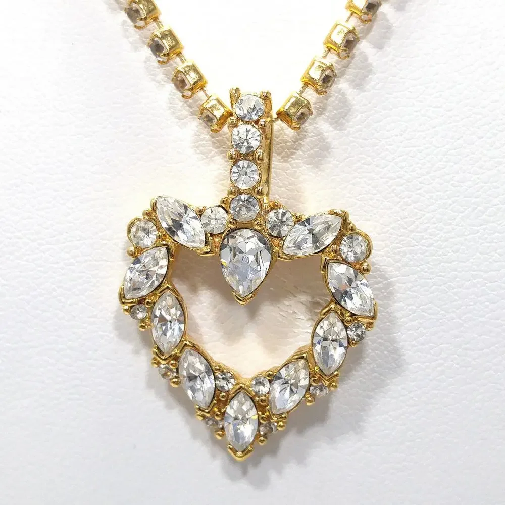 Vintage Monet Rhinestone Heart Necklace Gold Tone Marquise 1970s